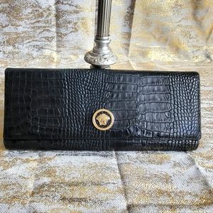 Versace clutch wallet black crocodile embossed leather